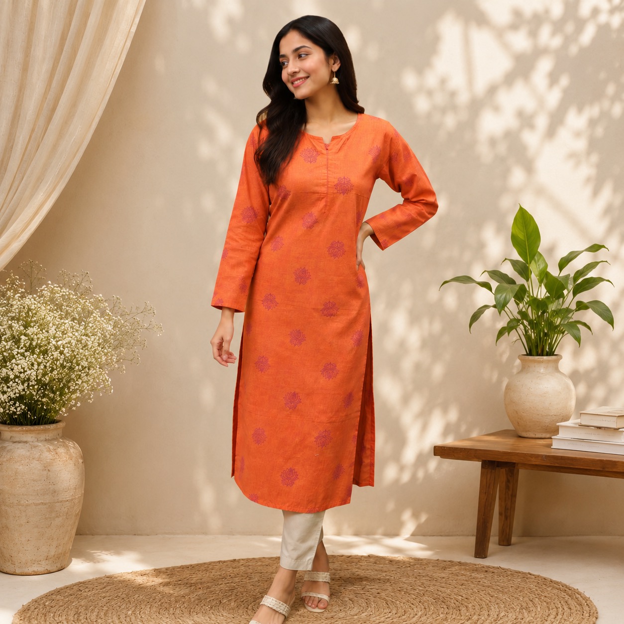 Handloom Straight Kurti – Orange Floral Print